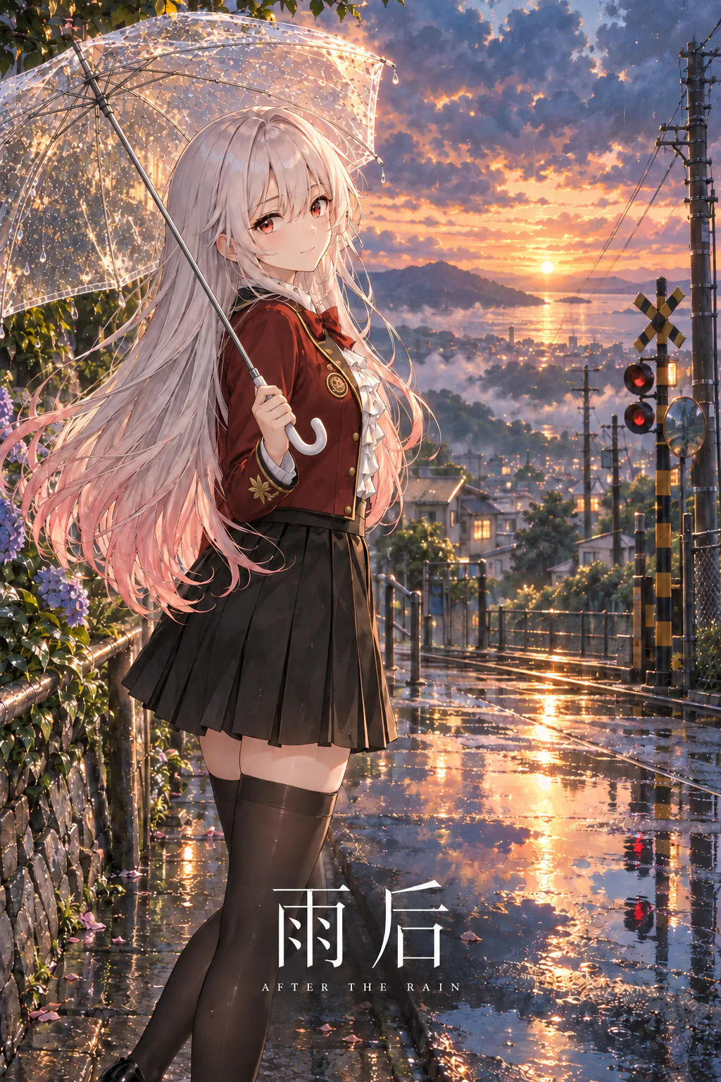 雨后的落日中，莱拉撑着透明雨伞回眸