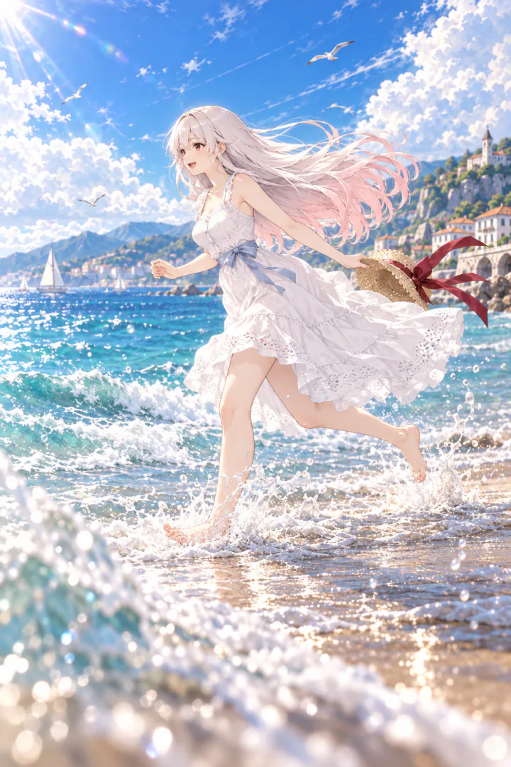 低机位远景里，莱拉穿白色连衣裙、手持草帽，赤脚跑过海边浅浪