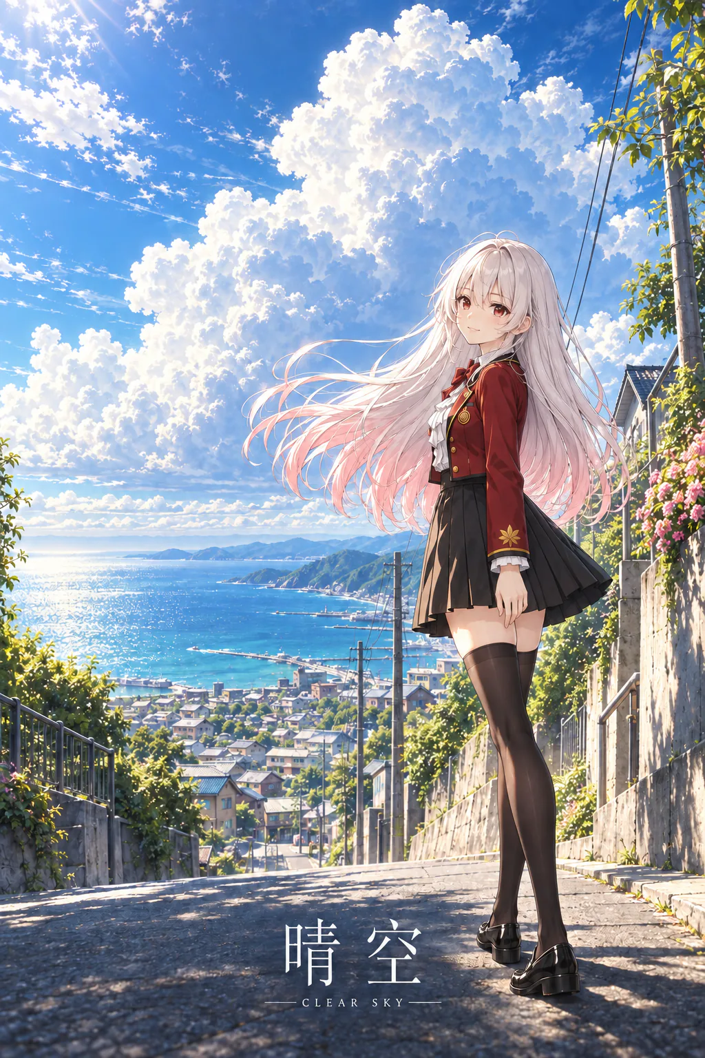 晴空下，莱拉站在俯瞰海湾的小镇坡道上