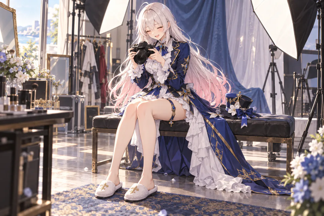 莱拉穿芙宁娜风格的 Cosplay 服装和软拖鞋，坐在摄影棚里看着相机里的照片笑起来