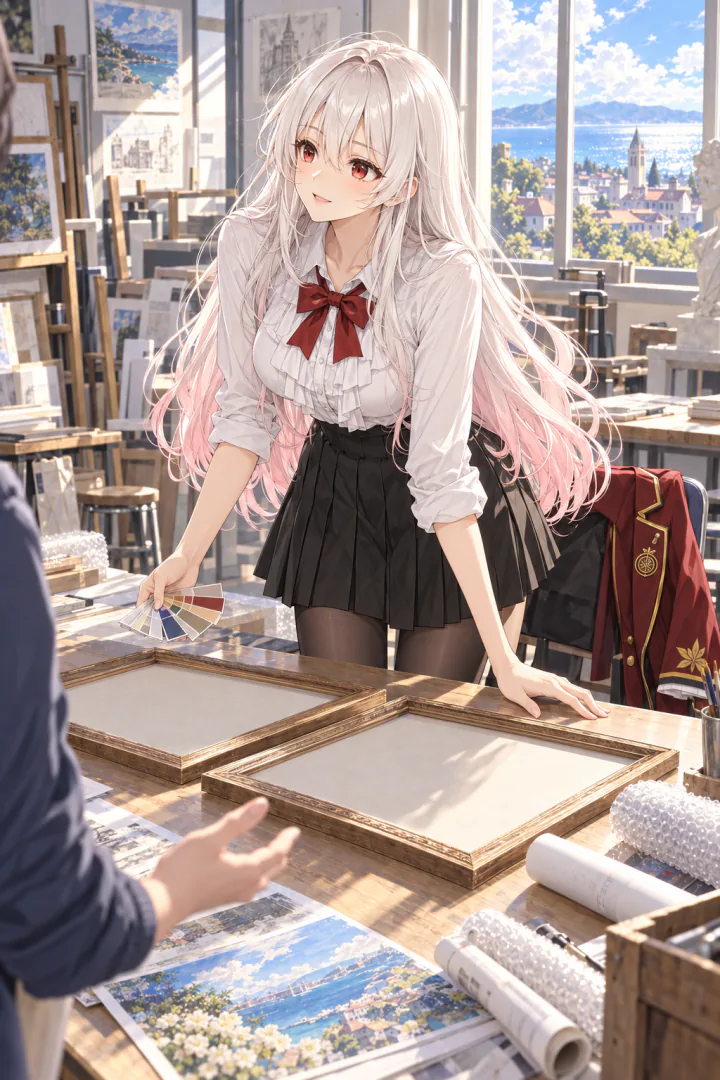 莱拉在学院文化节布展现场，拿着色卡与同学讨论桌上的画框