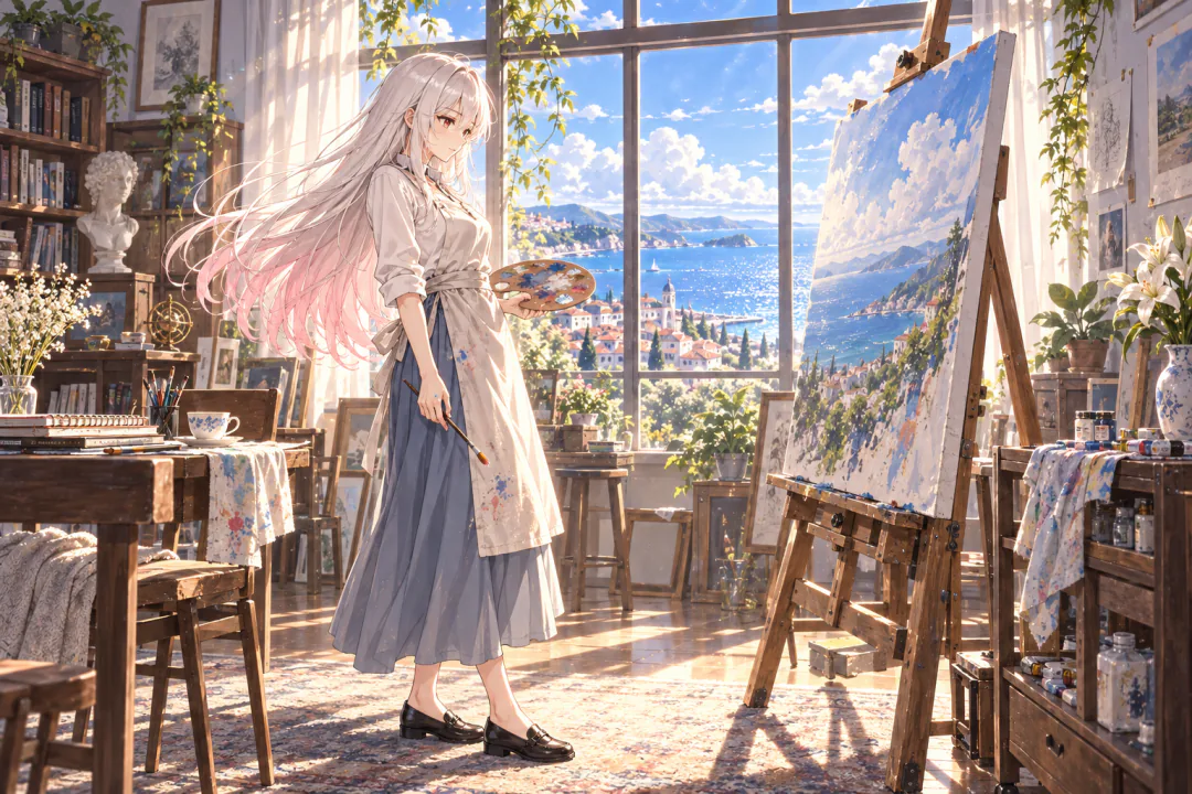 莱拉穿围裙站在采光明亮的画室里，手持画笔与调色板，退后端详海湾风景画