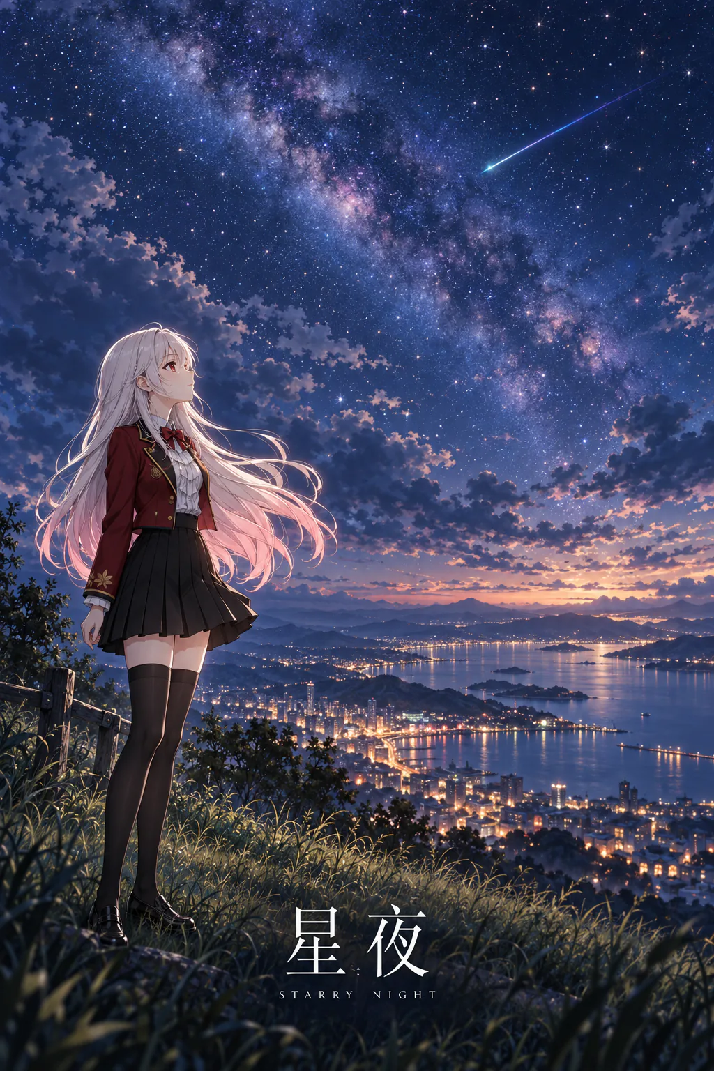 莱拉在山坡上仰望银河与流星，远处是灯火通明的海湾